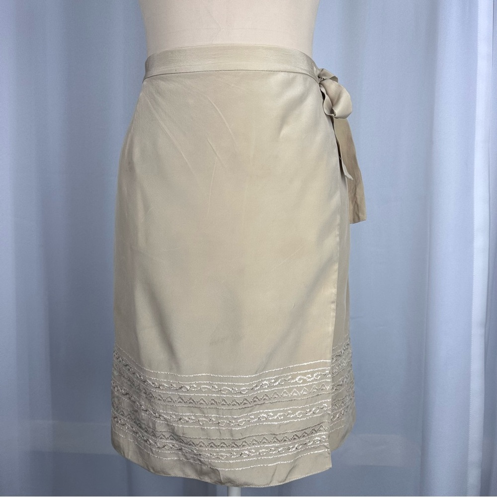Vintage Jones‎ New York 90s Silk Gauzy Wrap Skirt Sz 14 Tan Embroidered *FLAW